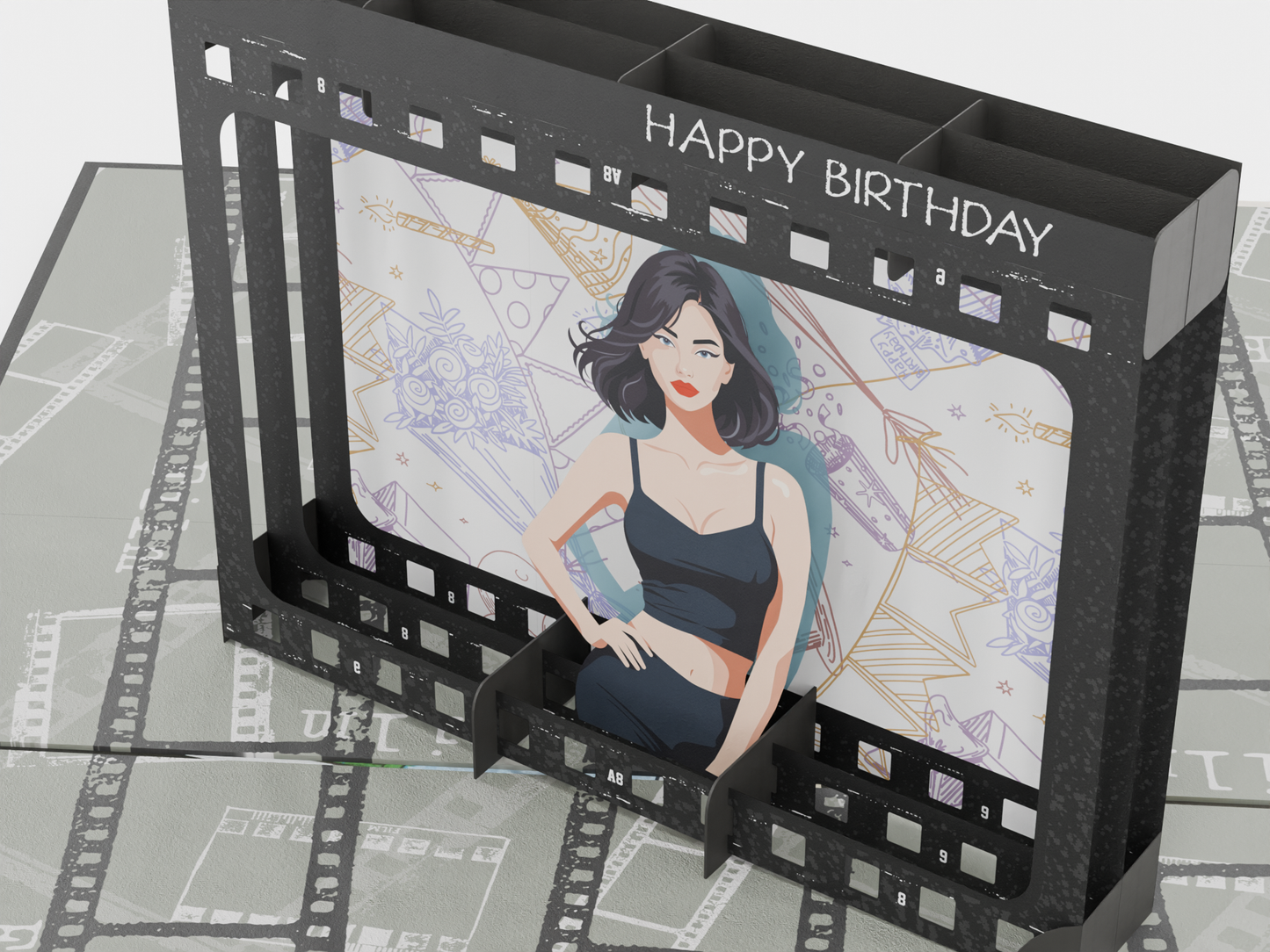 Pop-up greeting card with vintage camera design, photo frame element, and film-themed background titled “Captured Moments”