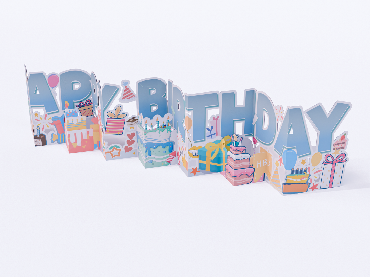 Pop-up accordion birthday card with “Happy Birthday” letters, cakes, gifts, balloons, and party decorations in colorful style
