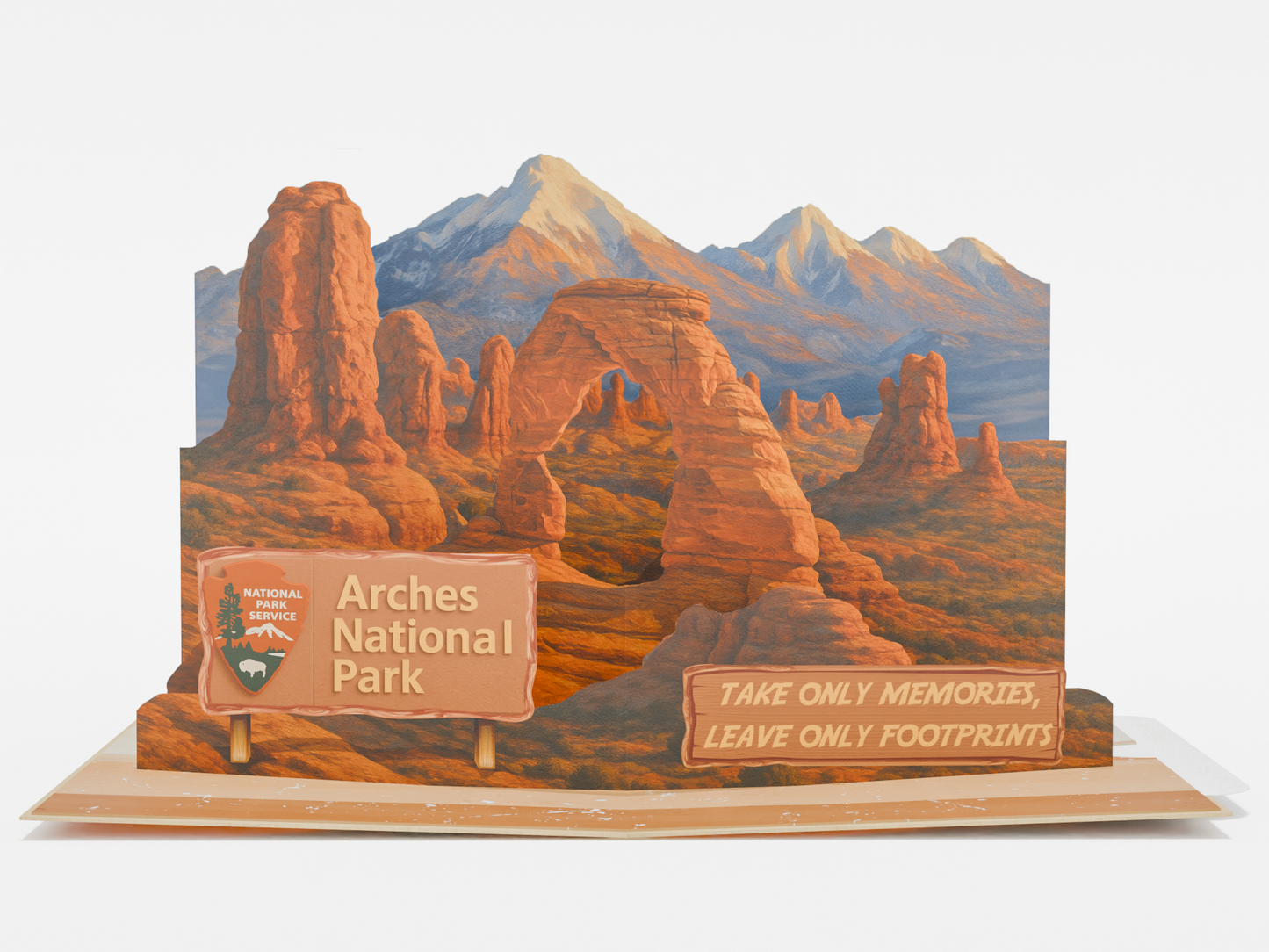 Arches National Park 3D pop-up greeting card featuring Delicate Arch with desert landscape and mountains