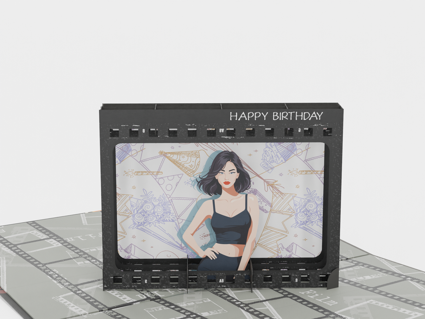Pop-up greeting card with vintage camera design, photo frame element, and film-themed background titled “Captured Moments”