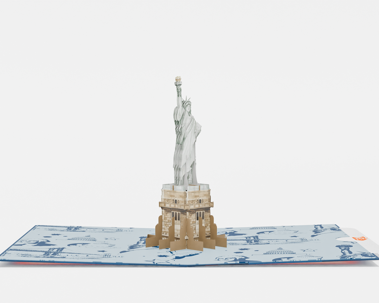 A 3D pop-up greeting card featuring the Statue of Liberty. The card’s cover is decorated with bold red, white, and blue stripes, the silhouette of the Statue of Liberty, and text reading "4th July Independence Day." The inside reveals an intricate 3D model of the Statue of Liberty standing on its pedestal, set against a background with blue sketches of iconic American landmarks. Perfect for celebrating U.S. Independence Day.