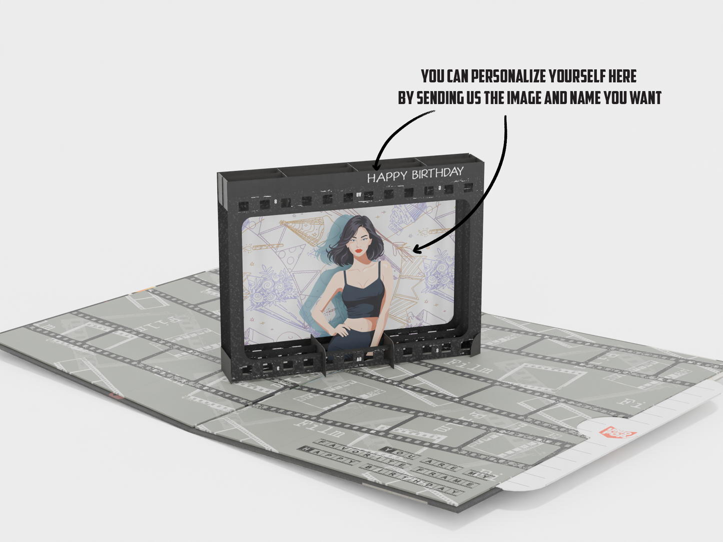 Pop-up greeting card with vintage camera design, photo frame element, and film-themed background titled “Captured Moments”