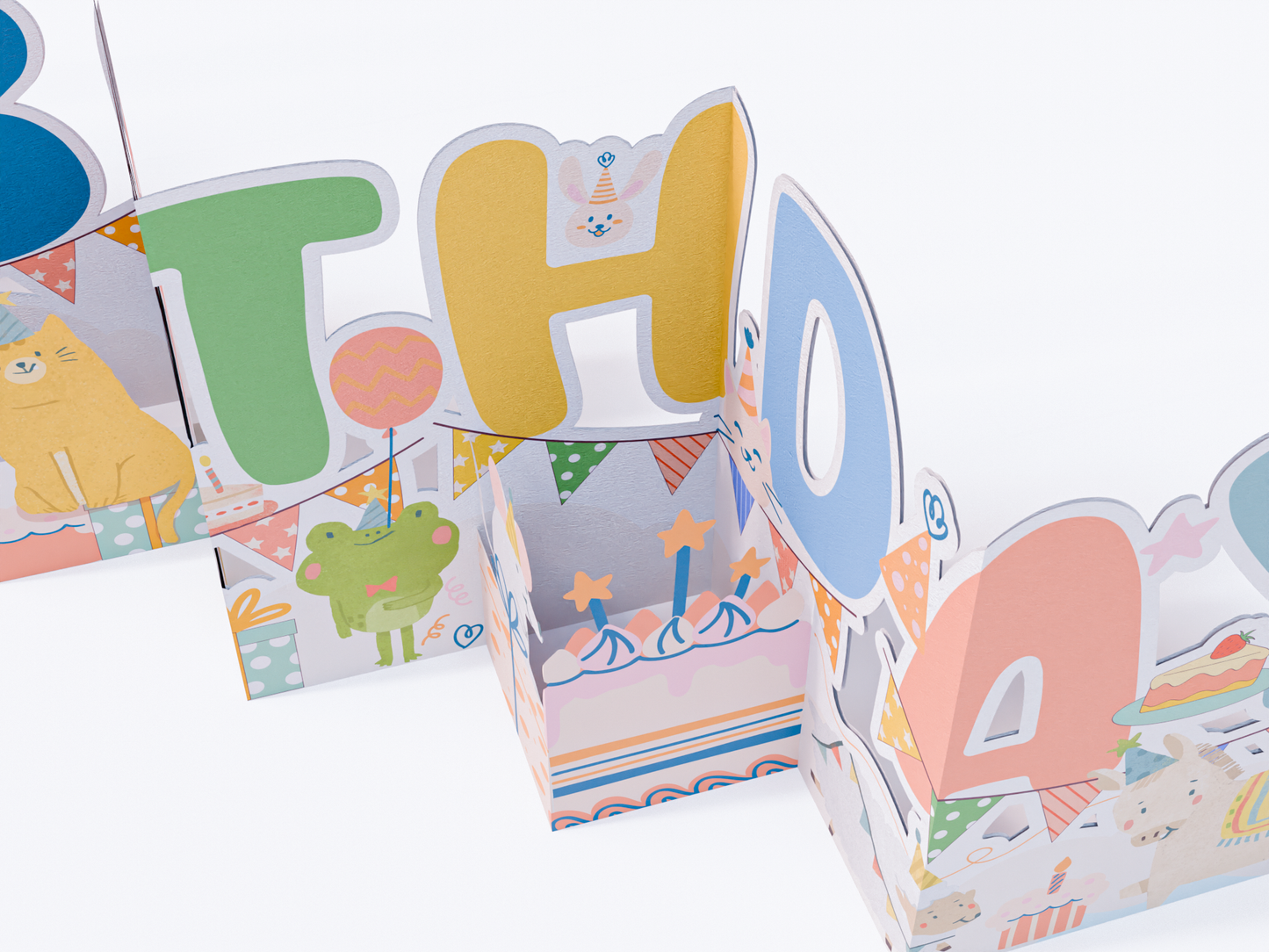 Fold-out accordion birthday card with “Happy Birthday” letters, cute animals, cakes, presents, balloons, and pastel party designs