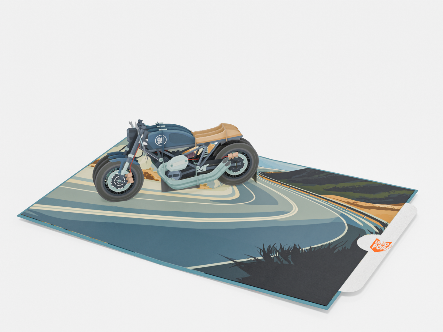 Pop-up greeting card with 3D motorcycle and scenic highway, titled “A Journey of a Lifetime”