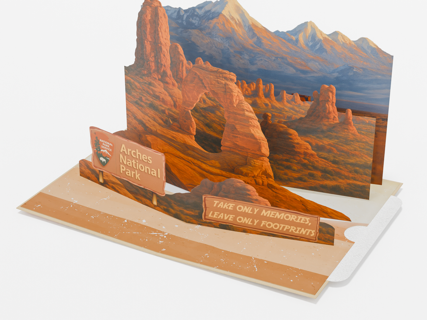 Arches National Park 3D pop-up greeting card featuring Delicate Arch with desert landscape and mountains
