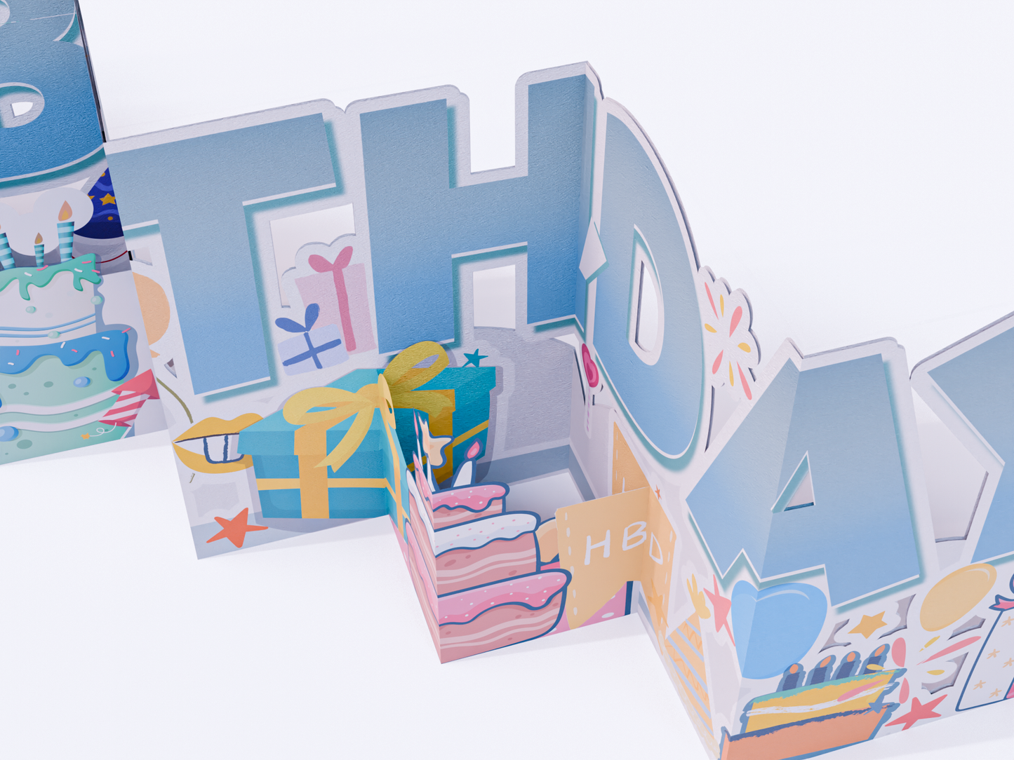 Pop-up accordion birthday card with “Happy Birthday” letters, cakes, gifts, balloons, and party decorations in colorful style