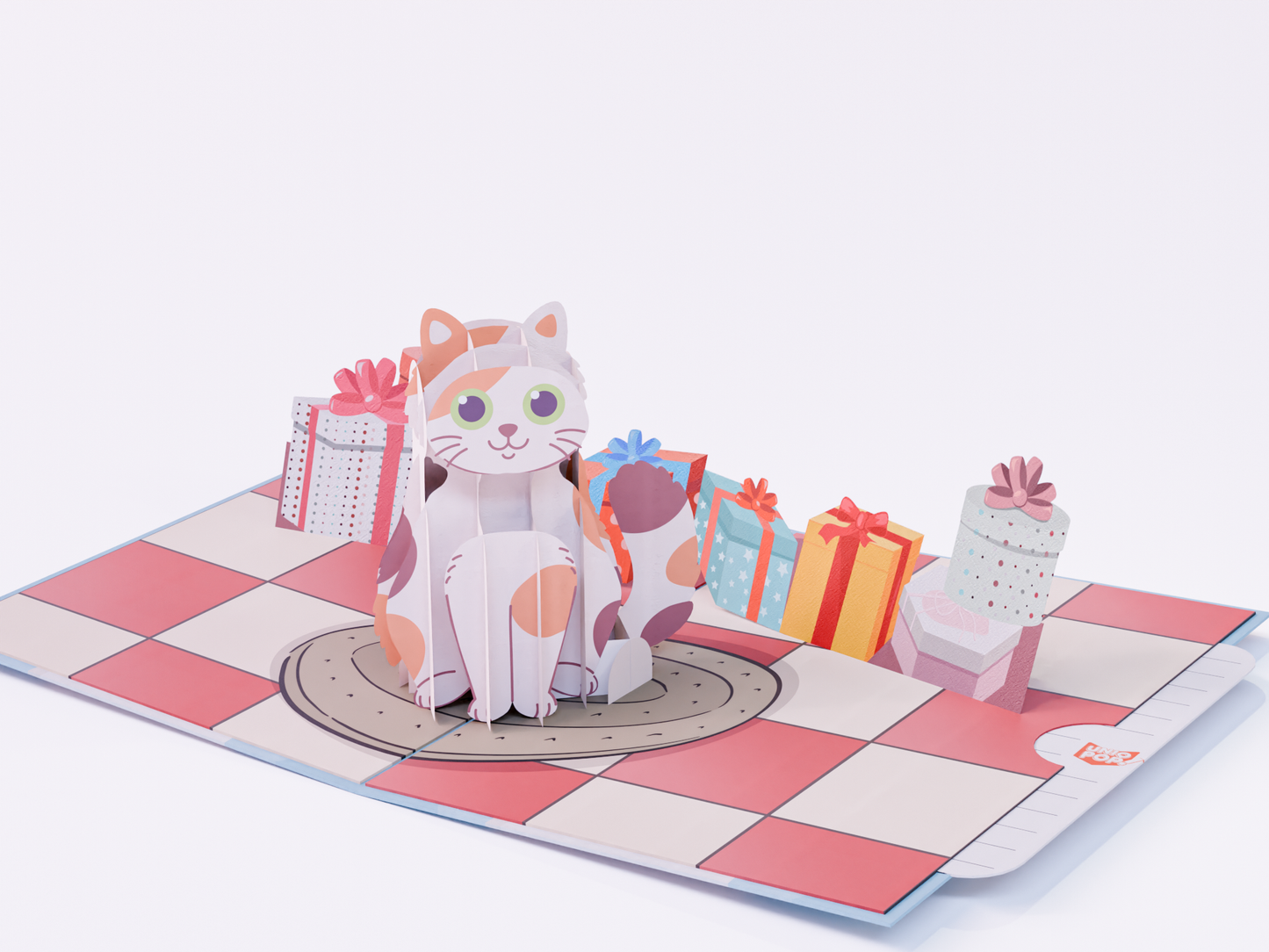 Pop-up birthday card with a 3D calico cat, gift boxes, cupcake, and “Have a Purr-fect Birthday” message in pastel colors