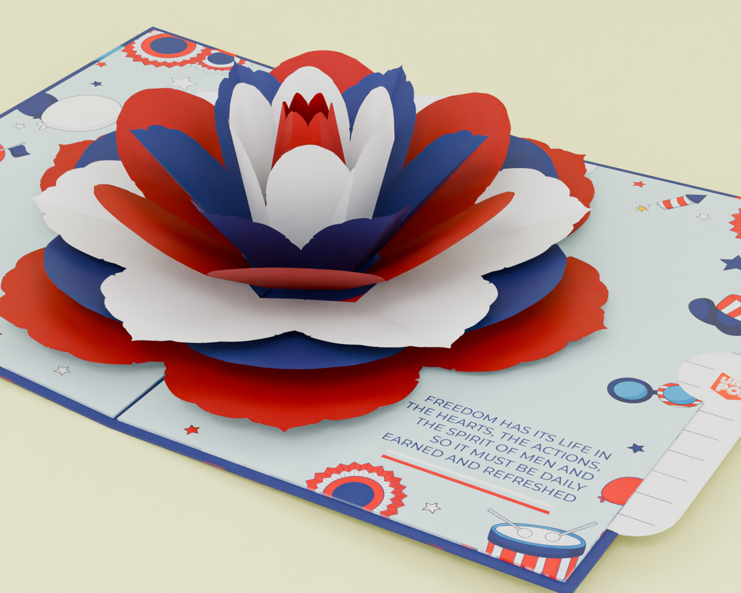 3D Pop-Up Flower Card Red White Blue Patriotic Bloom Independence Day