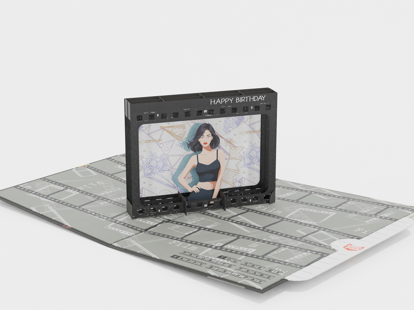 Pop-up greeting card with vintage camera design, photo frame element, and film-themed background titled “Captured Moments”