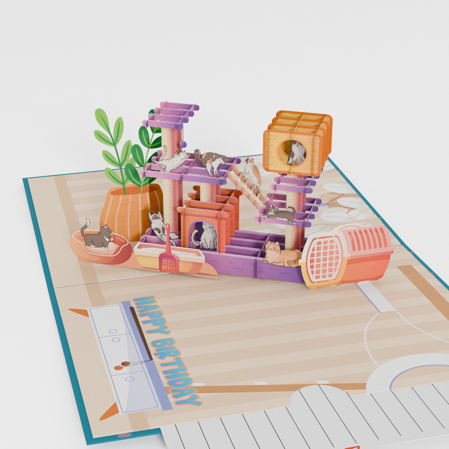 3D pop-up birthday card featuring colorful cat playground with multiple cats, scratching posts, and platforms. Card displays "Happy Birthday" text with heart and paw print decorations on teal background.