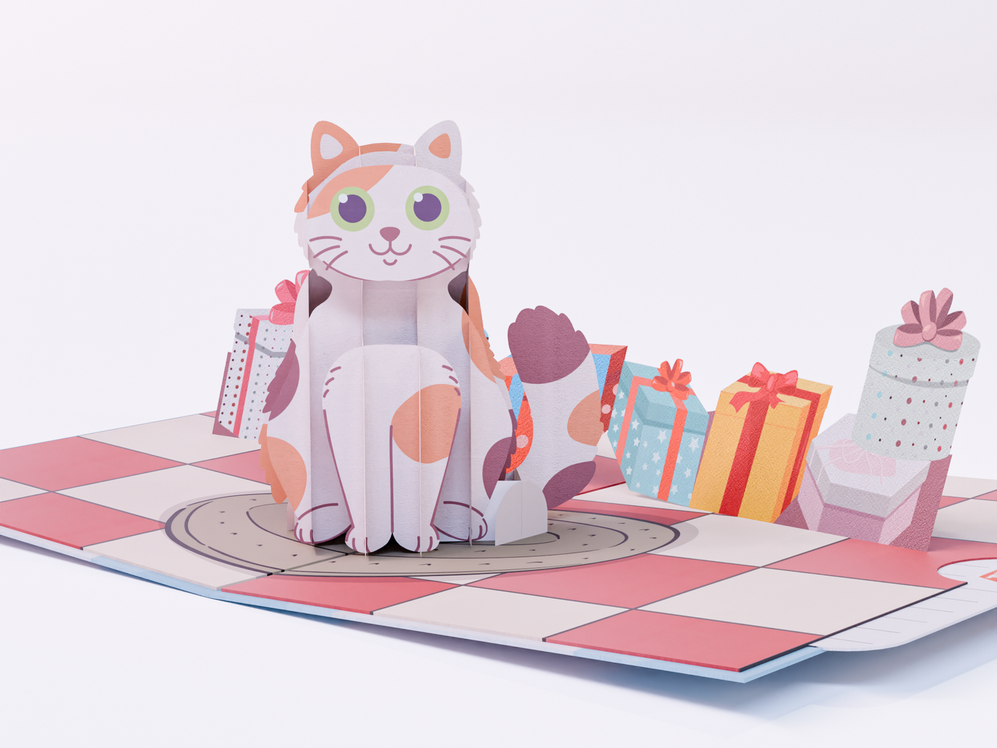 Pop-up birthday card with a 3D calico cat, gift boxes, cupcake, and “Have a Purr-fect Birthday” message in pastel colors