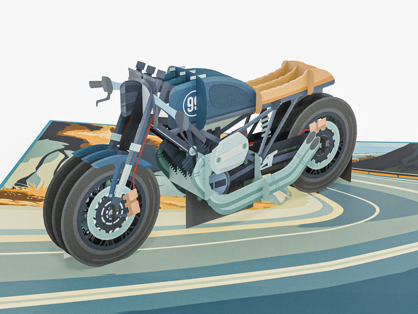 Pop-up greeting card with 3D motorcycle and scenic highway, titled “A Journey of a Lifetime”
