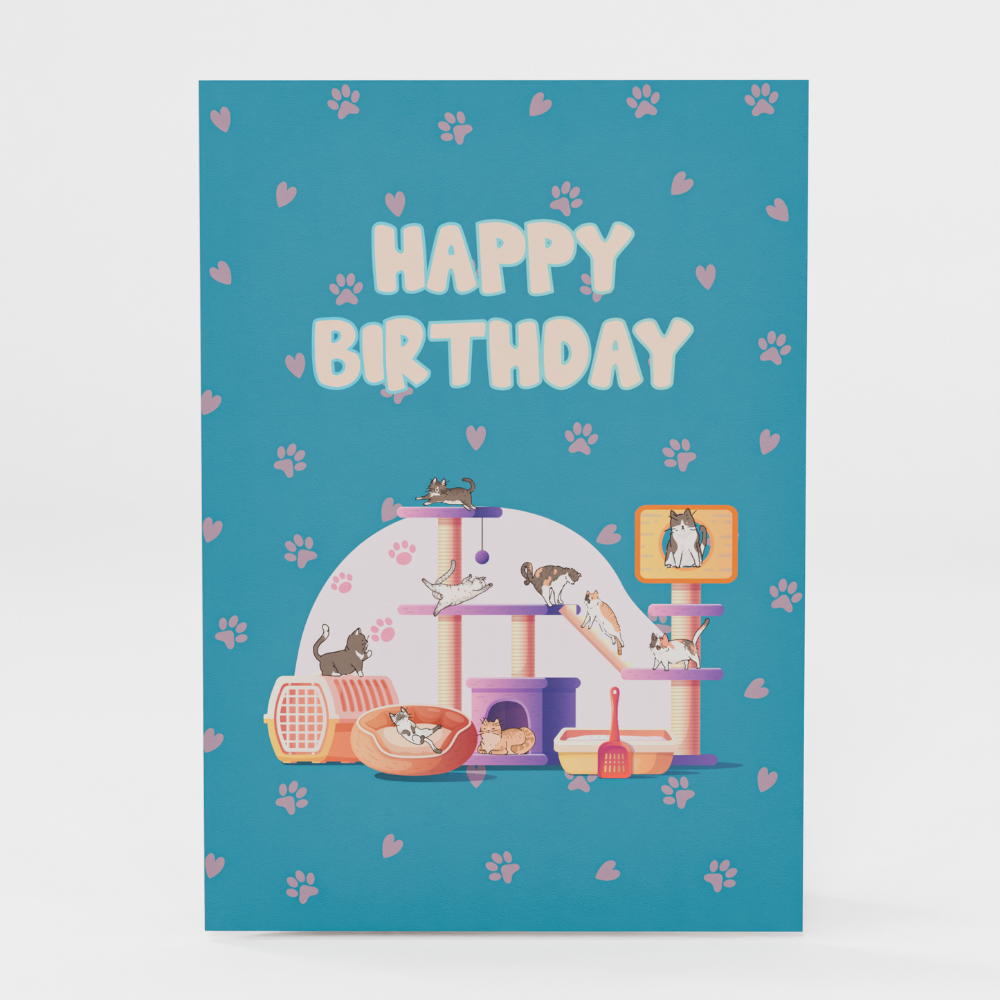3D pop-up birthday card featuring colorful cat playground with multiple cats, scratching posts, and platforms. Card displays "Happy Birthday" text with heart and paw print decorations on teal background.