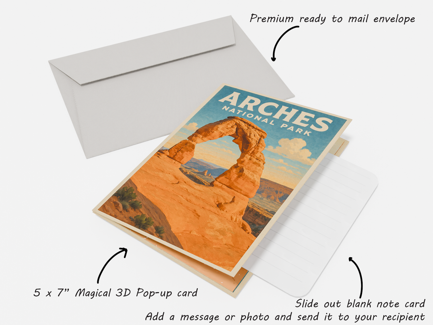 5x7 inch 3D pop-up card with premium envelope showing Arches National Park diorama scene