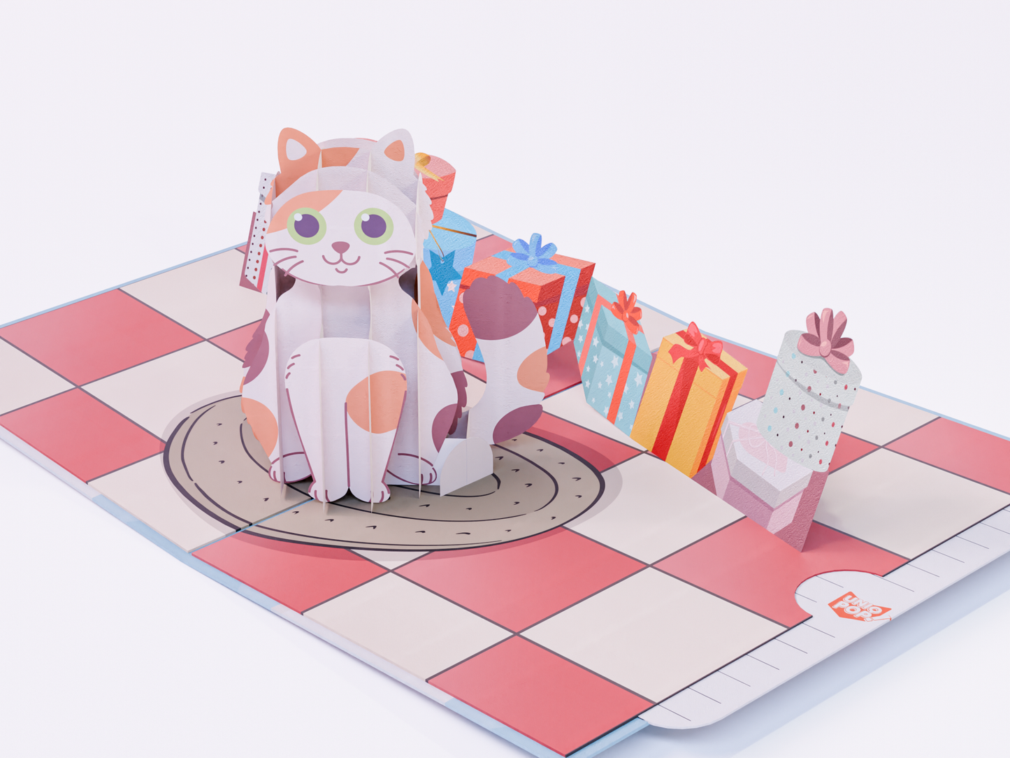 Pop-up birthday card with a 3D calico cat, gift boxes, cupcake, and “Have a Purr-fect Birthday” message in pastel colors