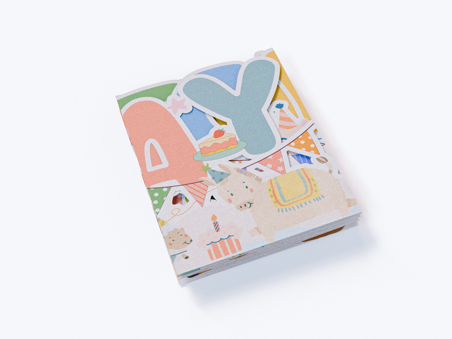 Fold-out accordion birthday card with “Happy Birthday” letters, cute animals, cakes, presents, balloons, and pastel party designs