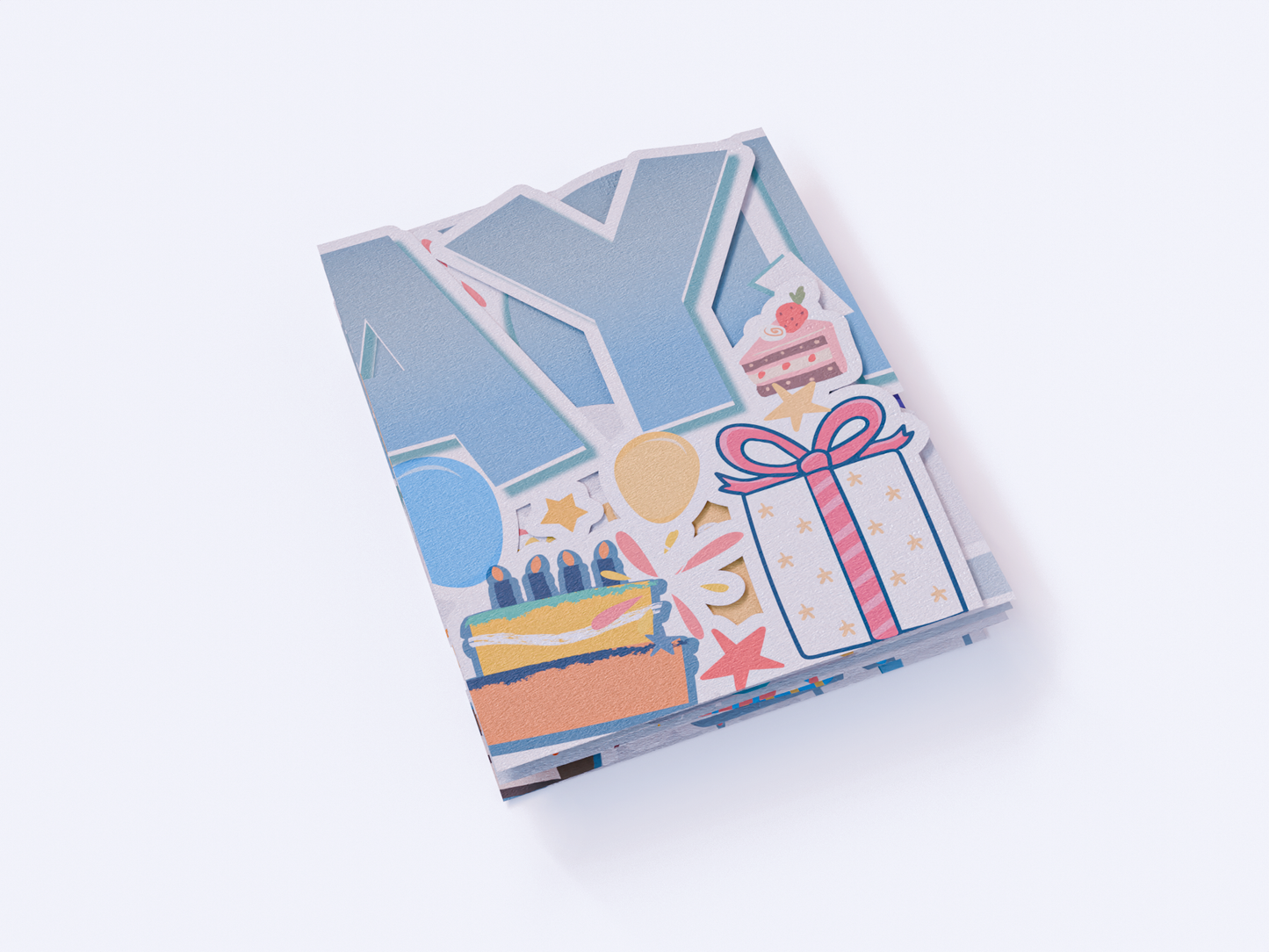 Pop-up accordion birthday card with “Happy Birthday” letters, cakes, gifts, balloons, and party decorations in colorful style