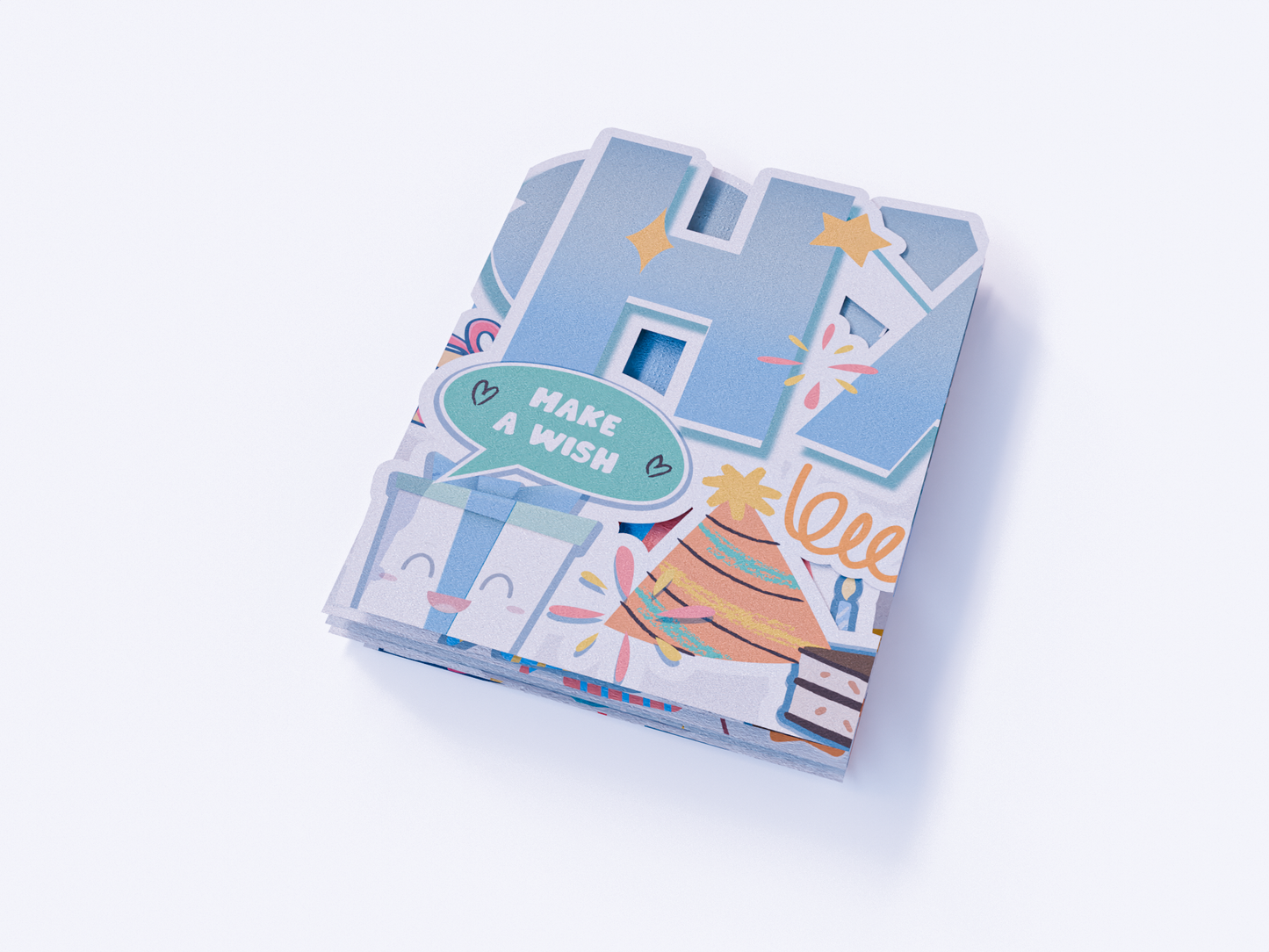 Pop-up accordion birthday card with “Happy Birthday” letters, cakes, gifts, balloons, and party decorations in colorful style