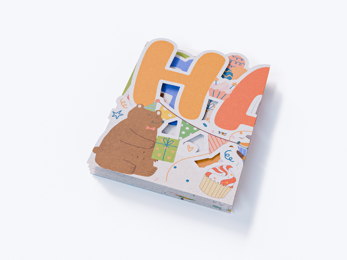 Fold-out accordion birthday card with “Happy Birthday” letters, cute animals, cakes, presents, balloons, and pastel party designs