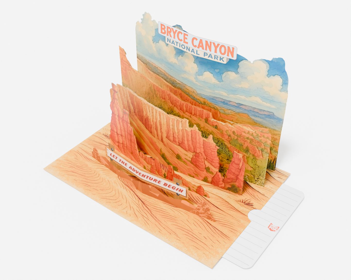 3D pop-up greeting card featuring a scenic watercolor illustration of Bryce Canyon National Park with hoodoos, layered rocks, and a message saying "Let the Adventure Begin."
