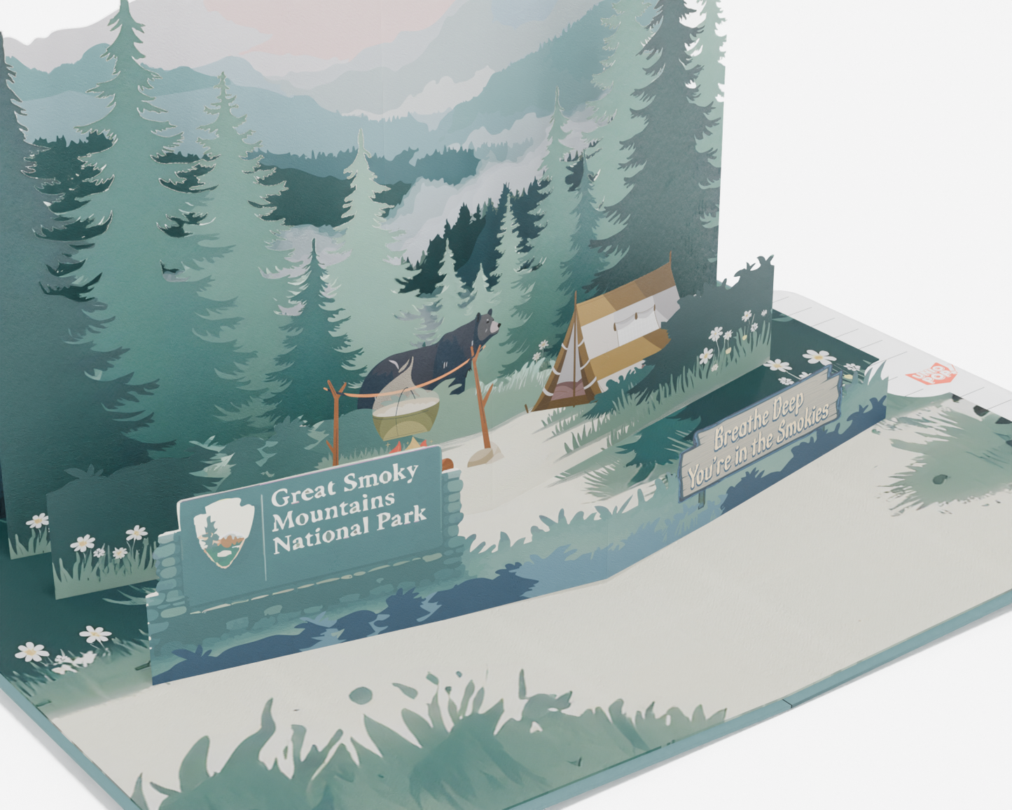 3D pop-up greeting card of Great Smoky Mountains National Park featuring a scenic camping scene with tent, firepit, pine trees, and misty hills in the background.