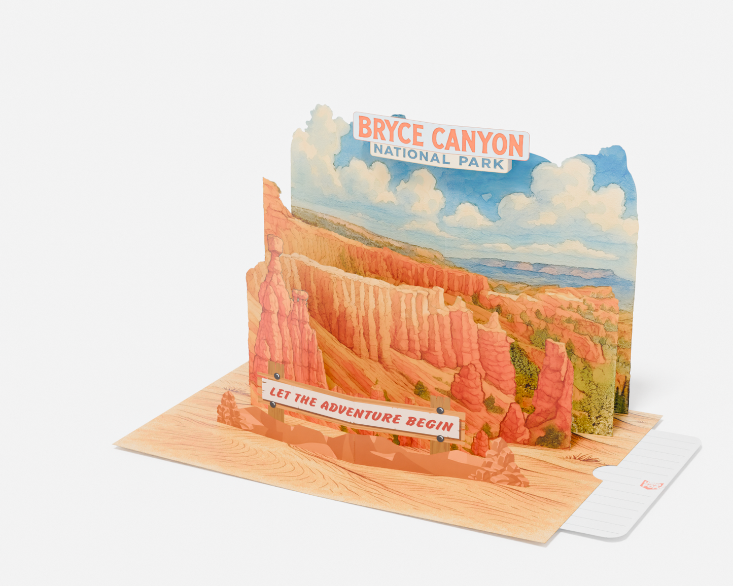 3D pop-up greeting card featuring a scenic watercolor illustration of Bryce Canyon National Park with hoodoos, layered rocks, and a message saying "Let the Adventure Begin."