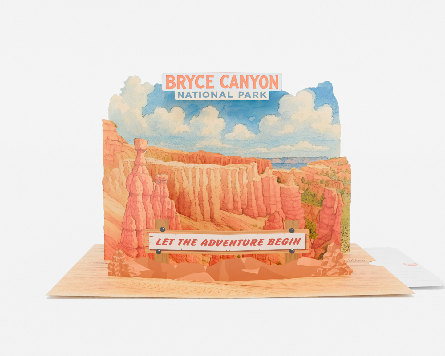 3D pop-up greeting card featuring a scenic watercolor illustration of Bryce Canyon National Park with hoodoos, layered rocks, and a message saying "Let the Adventure Begin."