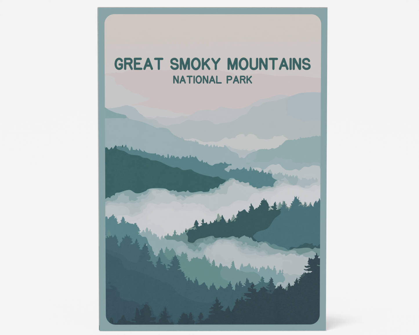 3D pop-up greeting card of Great Smoky Mountains National Park featuring a scenic camping scene with tent, firepit, pine trees, and misty hills in the background.
