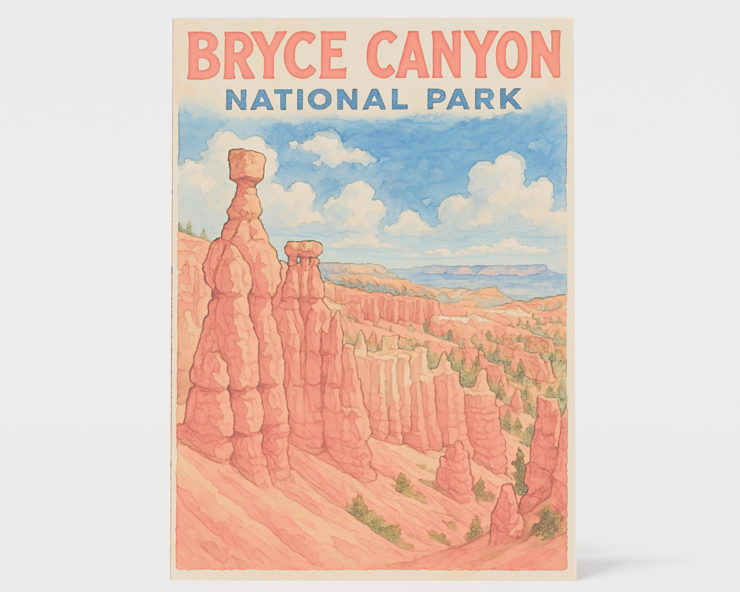 3D pop-up greeting card featuring a scenic watercolor illustration of Bryce Canyon National Park with hoodoos, layered rocks, and a message saying "Let the Adventure Begin."