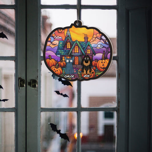 Halloween Pet Pumpkin Window Hanging – Acrylic Suncatcher Decor
