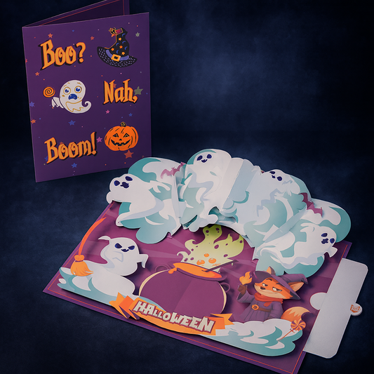 3D pop-up Halloween card with ghosts, witch and cauldron – “Boo? Nah, Boom!” design