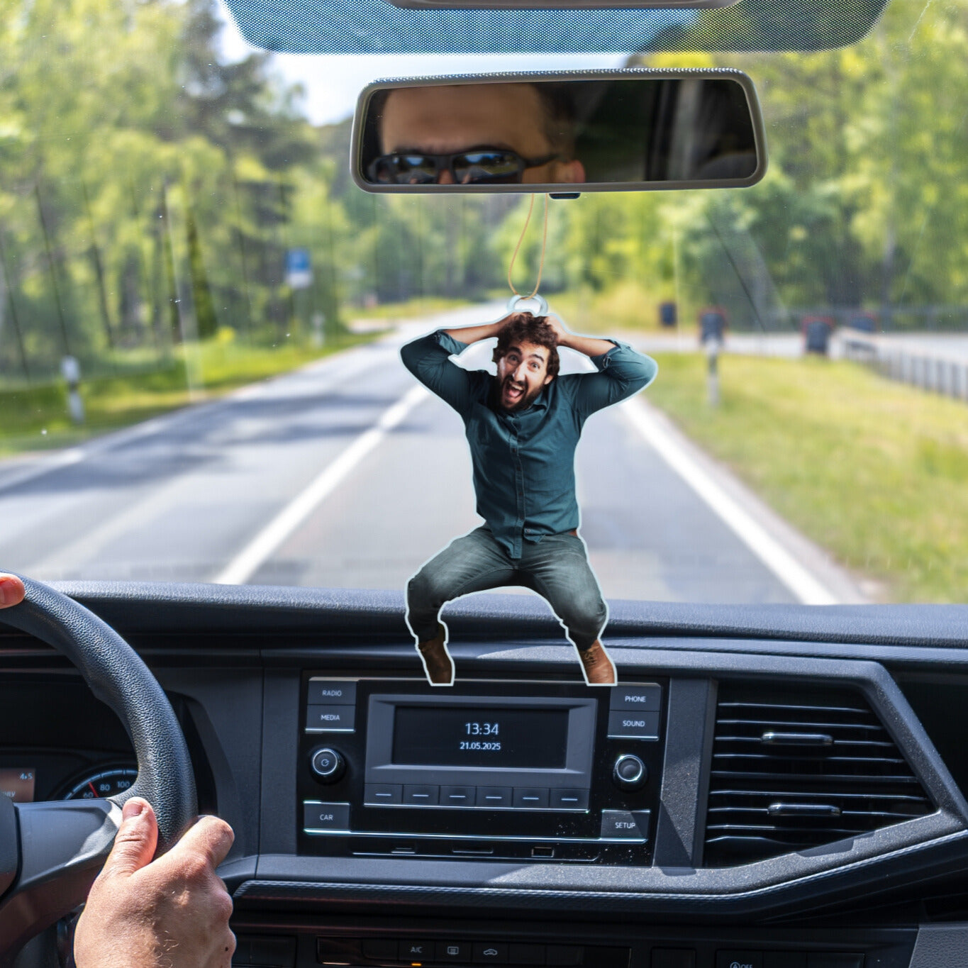 Custom photo car ornament with funny jumping pose hanging from rearview mirror