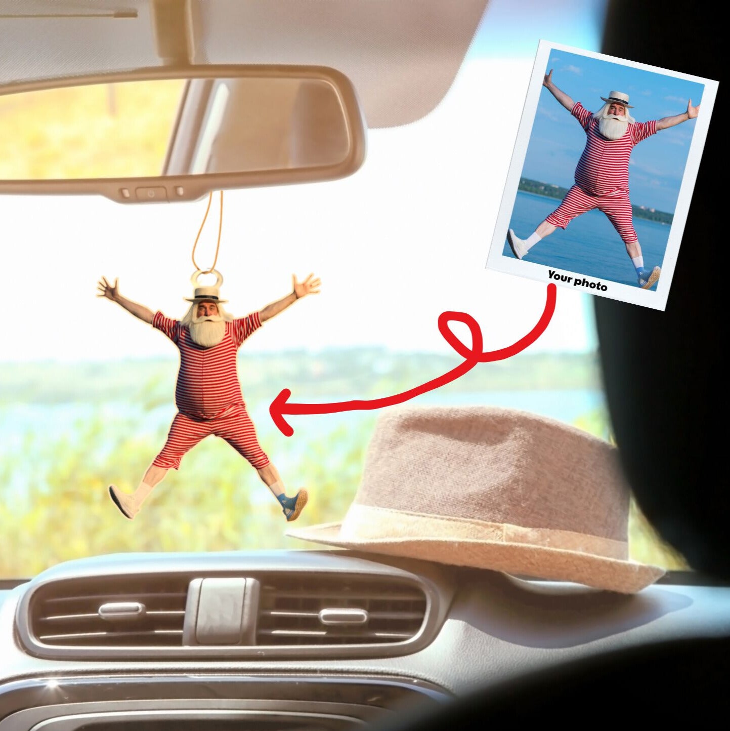 Custom photo car ornament with funny jumping pose hanging from rearview mirror