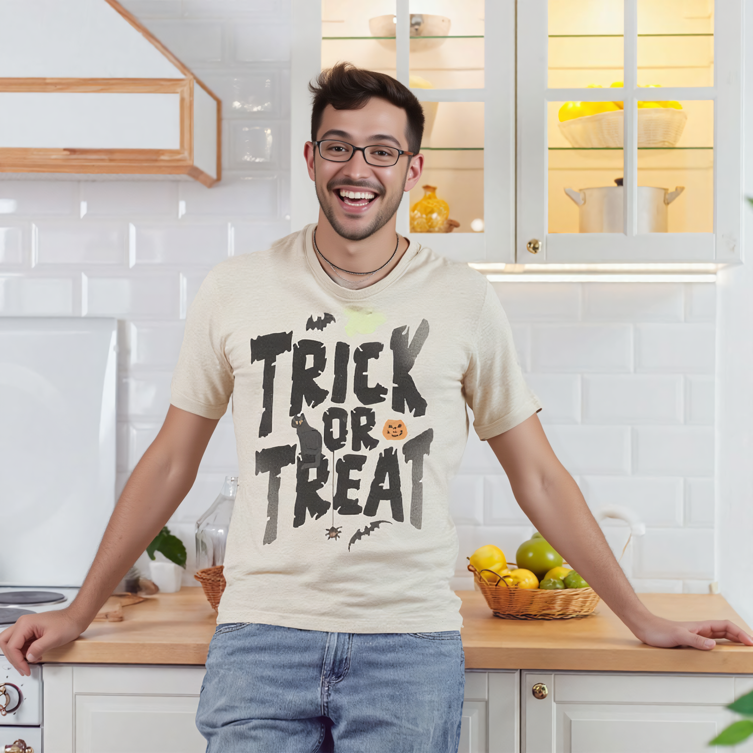 White Halloween t-shirt with bold “Trick or Treat” lettering plus ghost, bats, black cat, pumpkin, and spider.