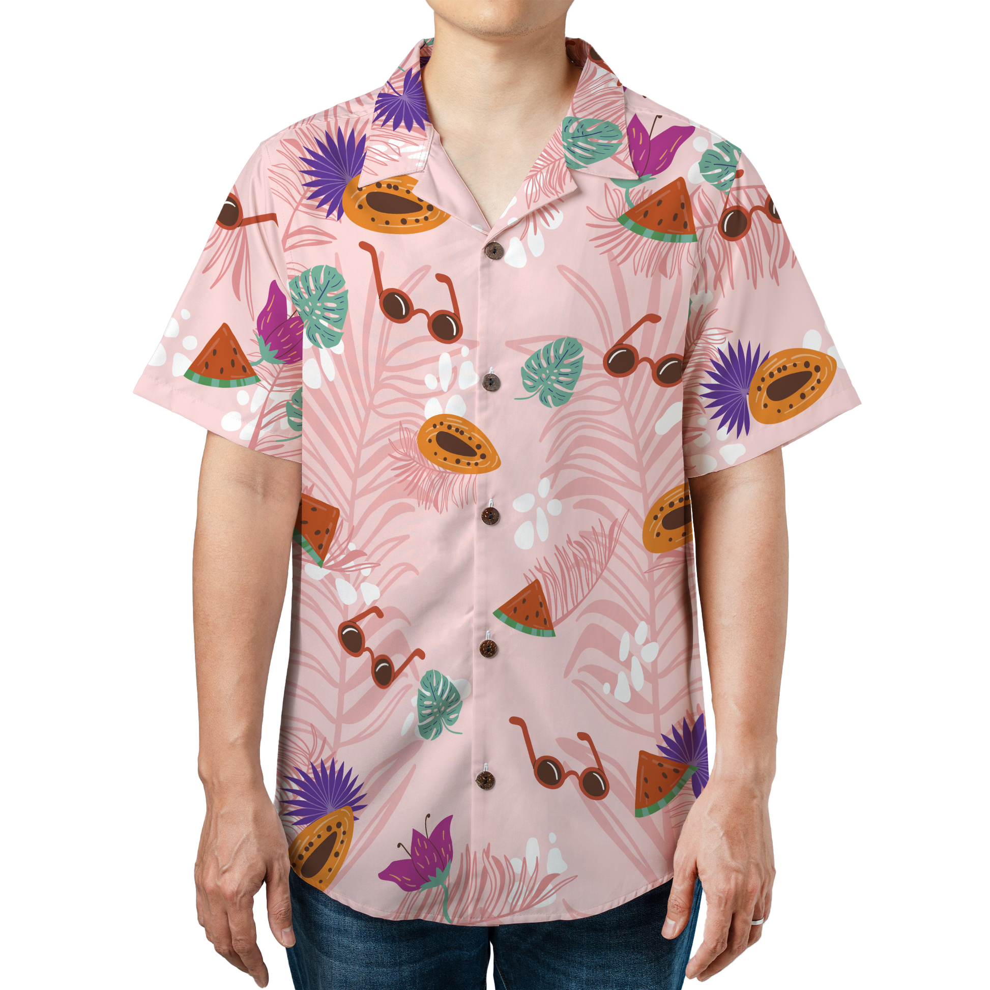 Custom personalized pink Hawaiian shirt with tropical fruit and sunglasses print, featuring custom photo integration for summer beach wear
