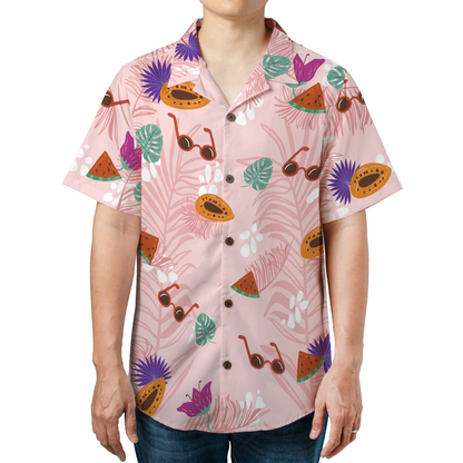 Custom personalized pink Hawaiian shirt with tropical fruit and sunglasses print, featuring custom photo integration for summer beach wear
