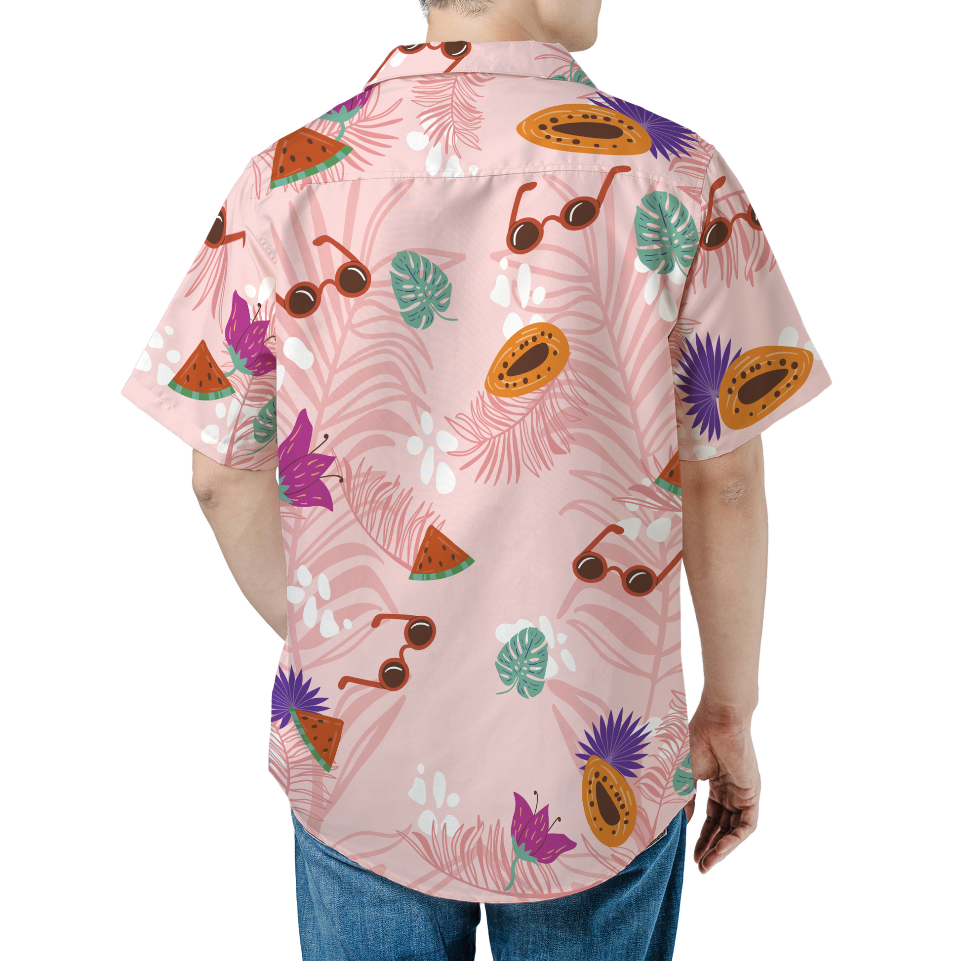 Custom personalized pink Hawaiian shirt with tropical fruit and sunglasses print, featuring custom photo integration for summer beach wear
