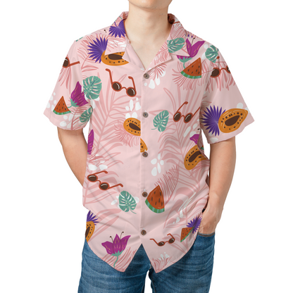 Custom personalized pink Hawaiian shirt with tropical fruit and sunglasses print, featuring custom photo integration for summer beach wear
