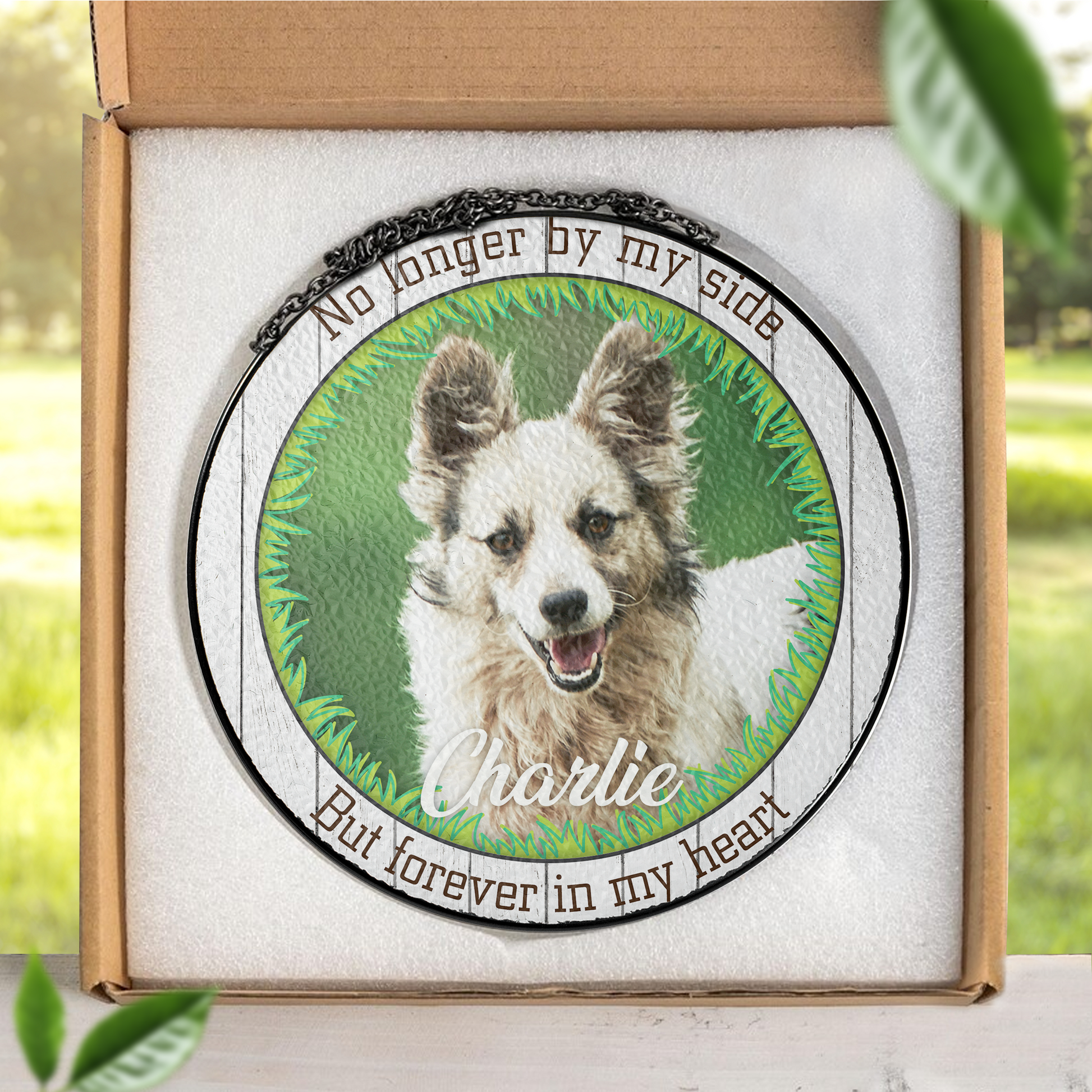 Custom pet memorial ornament with personalized photo of beloved pet, featuring decorative border and touching memorial quote, hanging circle ornament