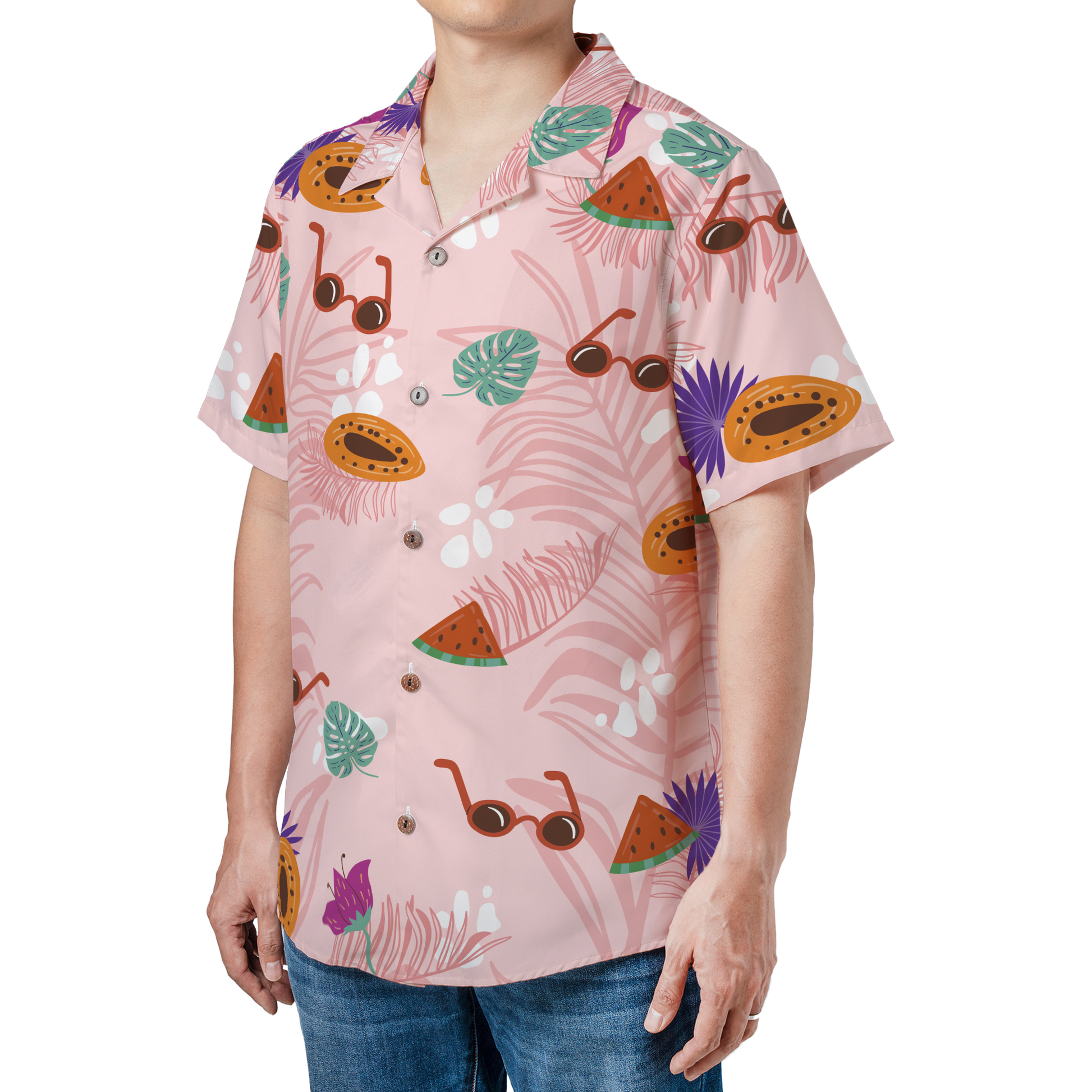 Custom personalized pink Hawaiian shirt with tropical fruit and sunglasses print, featuring custom photo integration for summer beach wear
