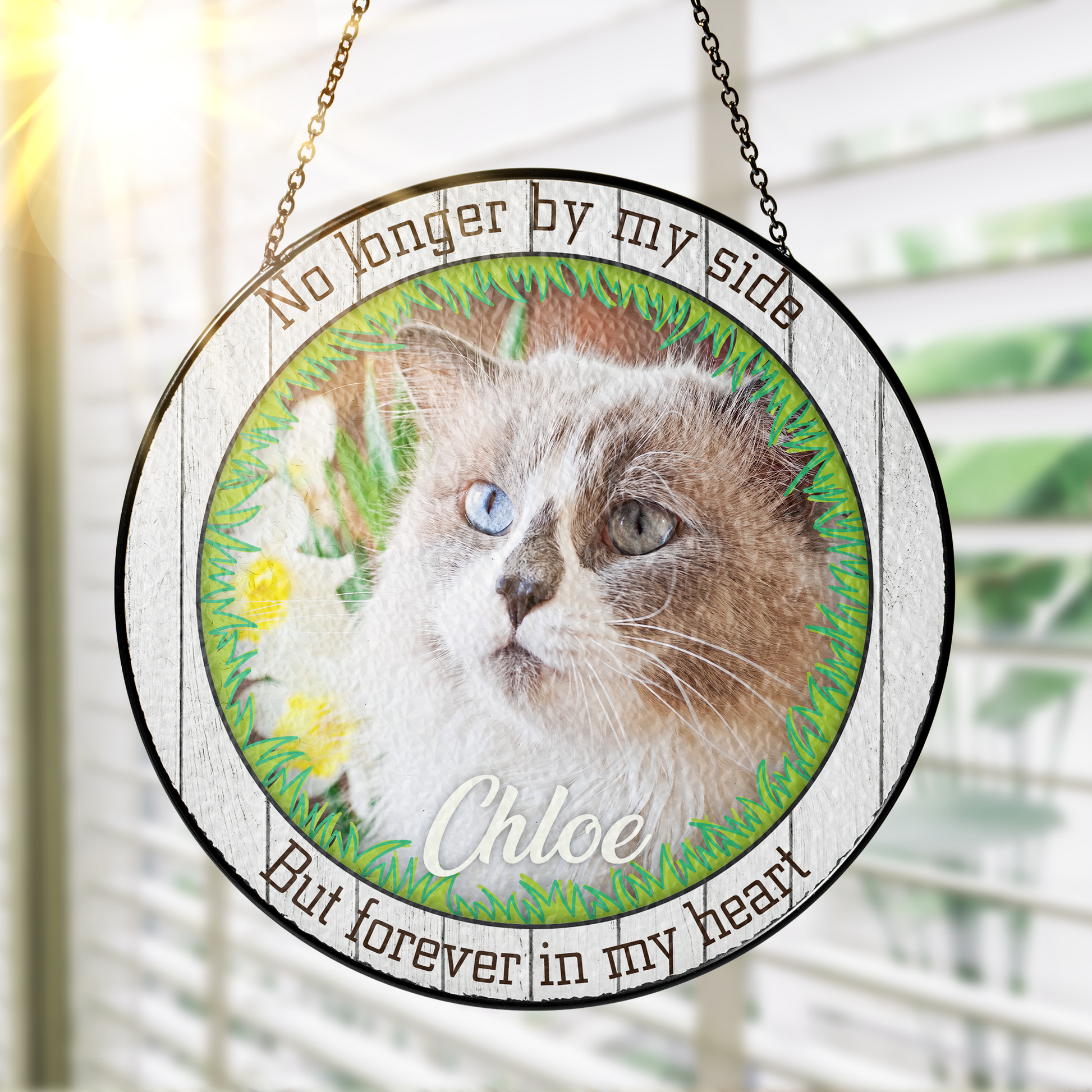 Custom pet memorial ornament with personalized photo of beloved pet, featuring decorative border and touching memorial quote, hanging circle ornament