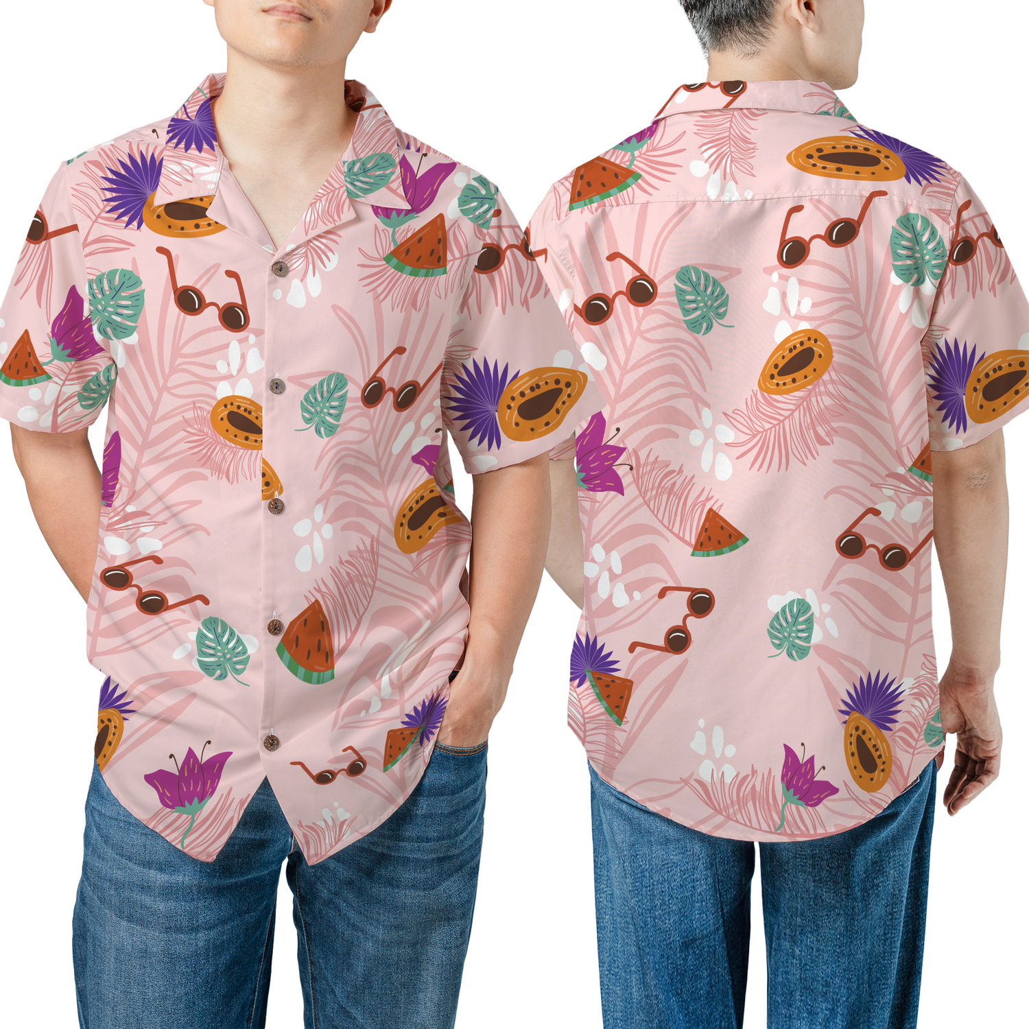Custom personalized pink Hawaiian shirt with tropical fruit and sunglasses print, featuring custom photo integration for summer beach wear.