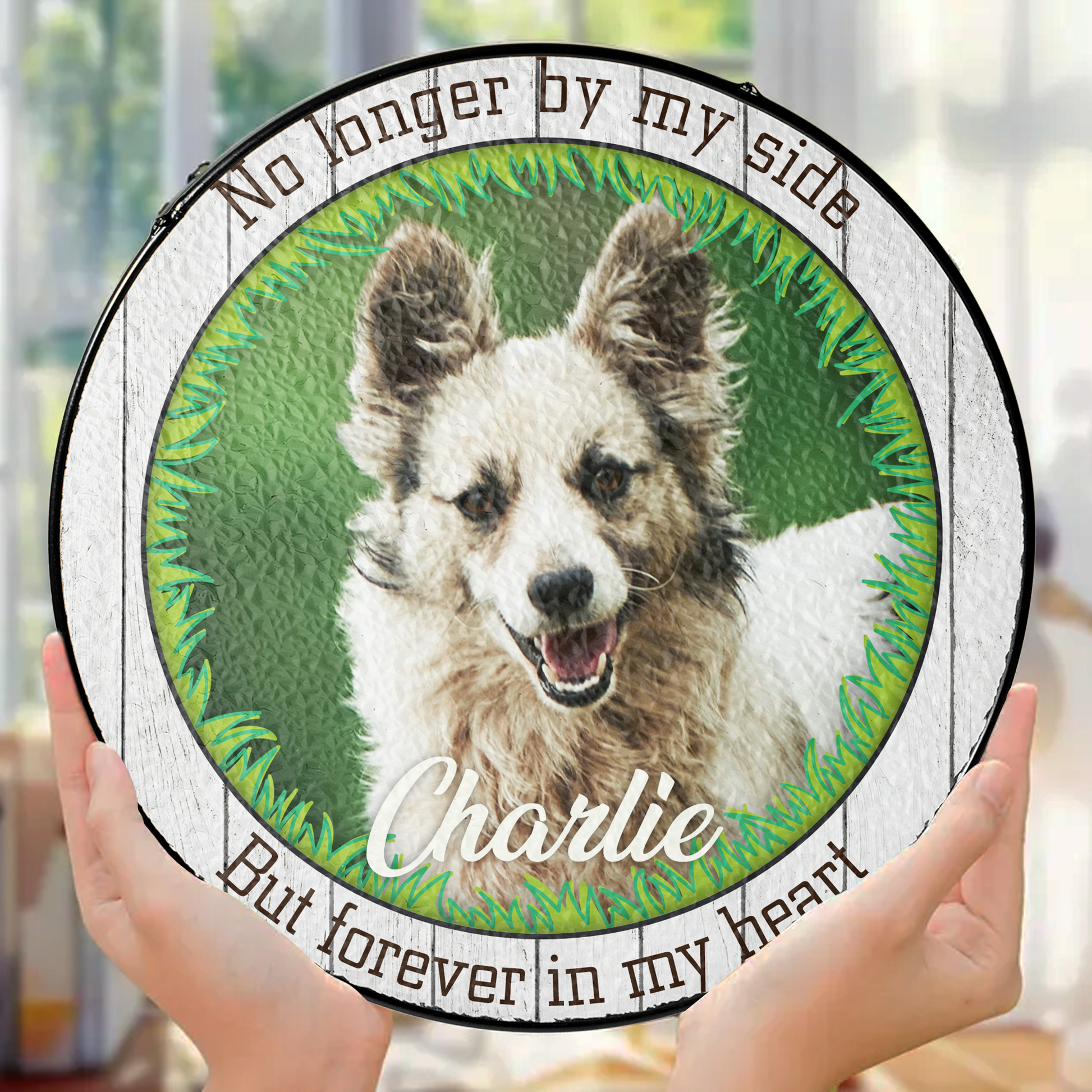 Custom pet memorial ornament with personalized photo of beloved pet, featuring decorative border and touching memorial quote, hanging circle ornament