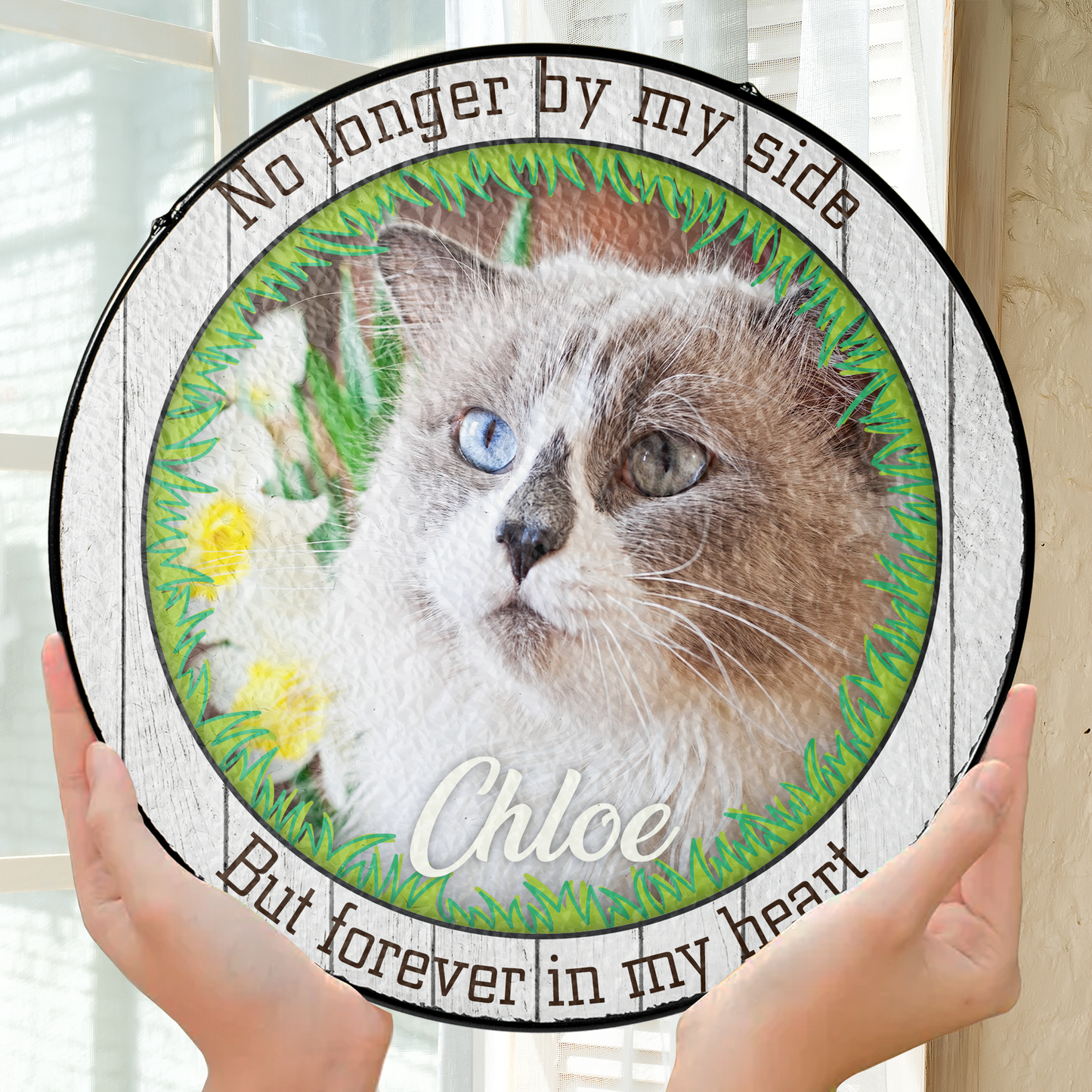 Custom pet memorial ornament with personalized photo of beloved pet, featuring decorative border and touching memorial quote, hanging circle ornament