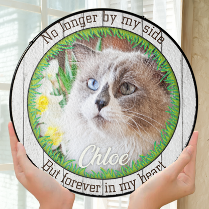 Custom pet memorial ornament with personalized photo of beloved pet, featuring decorative border and touching memorial quote, hanging circle ornament