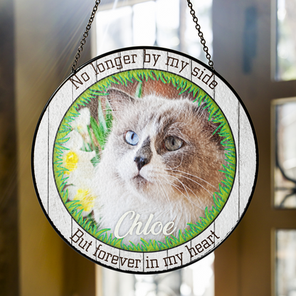 Custom pet memorial ornament with personalized photo of beloved pet, featuring decorative border and touching memorial quote, hanging circle ornament