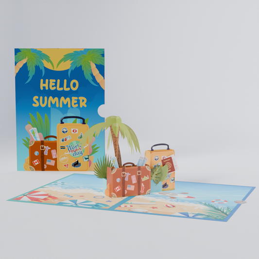 Hello Summer 3D Pop-Up Card – Tropical Beach & Travel Luggage Theme