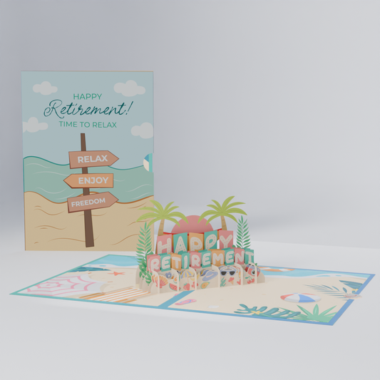 Happy Retirement 3D Pop-Up Card – Beach Relaxation Theme