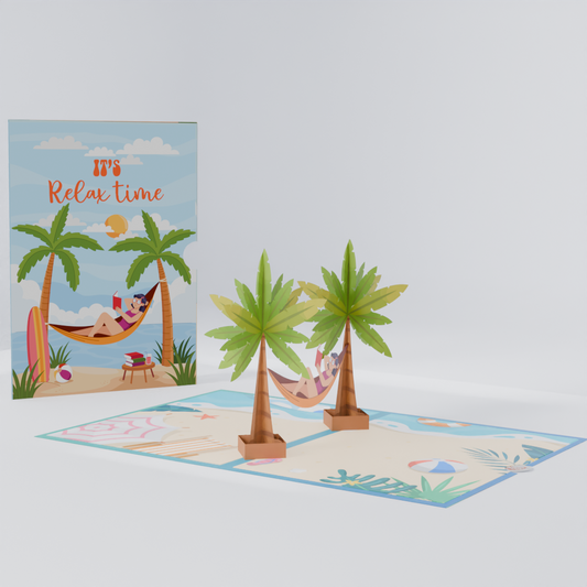 Relax Time 3D Pop-Up Card – Hammock Under Palm Trees Beach Scene