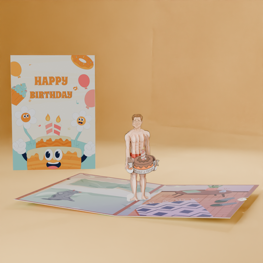 Funny 3D pop-up birthday card with a cartoon man inside a cake and customizable face option

